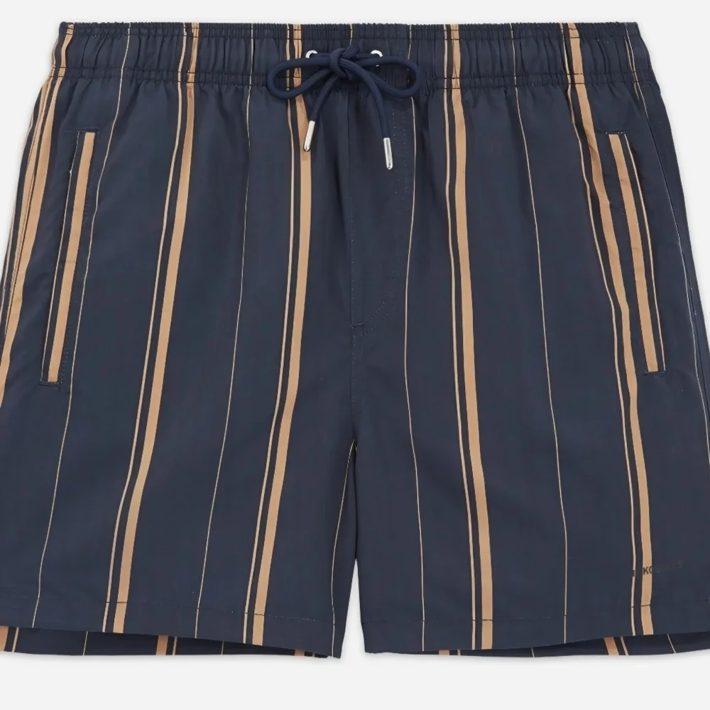 The Kooples Navy Blue & Gold Swim Trunks W/ Stripes & Zip-Up Pockets
